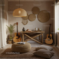 Cozy boho living room with natural wooden elements