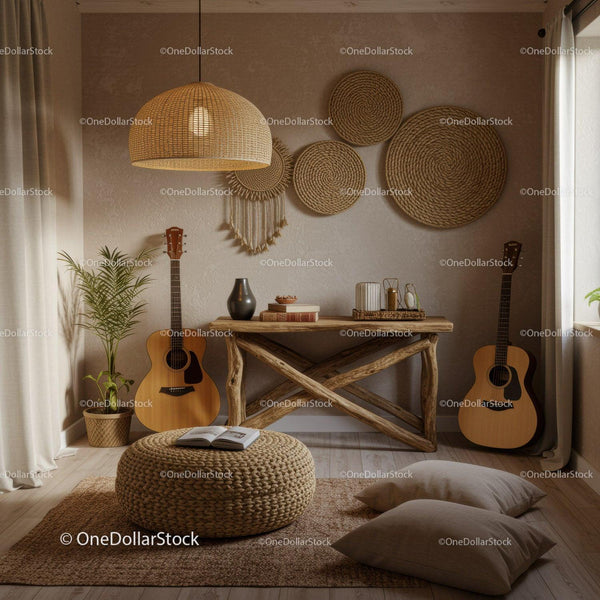 Cozy boho living room with natural wooden elements