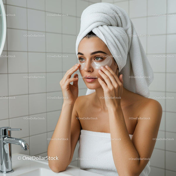 Young woman applying under eye patches in white bathroom