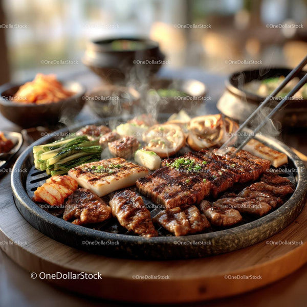 Korean Barbecue with Grilled Meat and Fresh Vegetables in a Traditional Setting Stock Photo Bundle (13 JPG Files)
