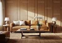 Cozy living room with leather sofa and orchid centerpiece