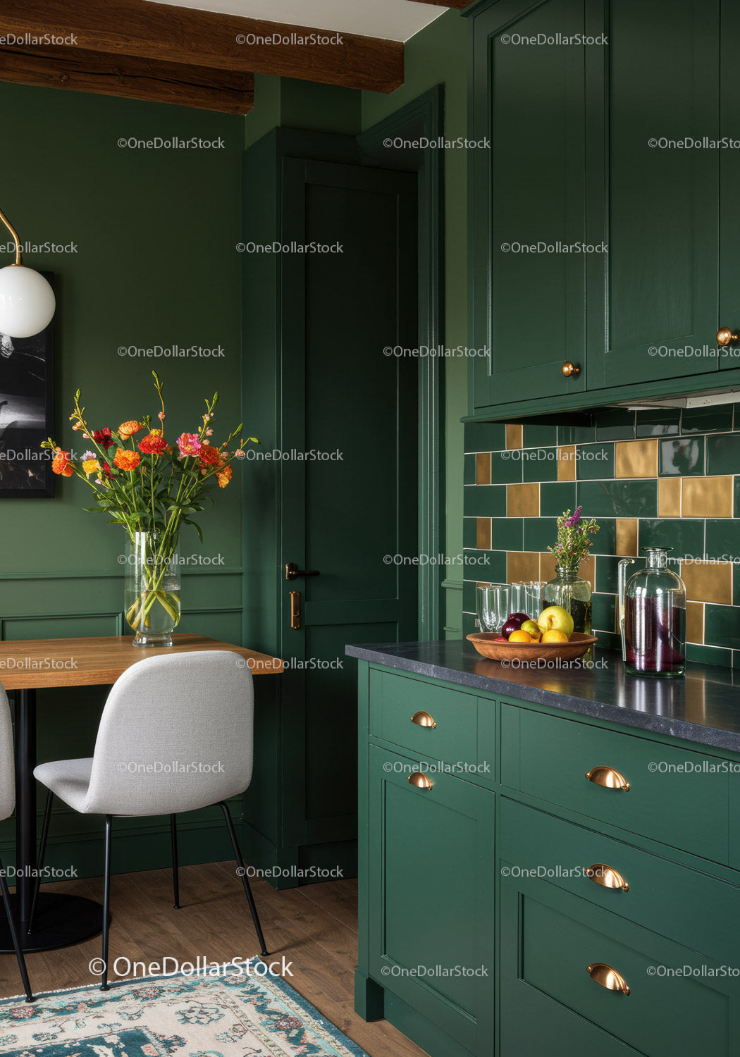 Green Kitchen with Floral Decor and Modern Design Elements