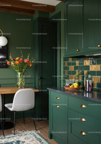 Green Kitchen with Floral Decor and Modern Design Elements