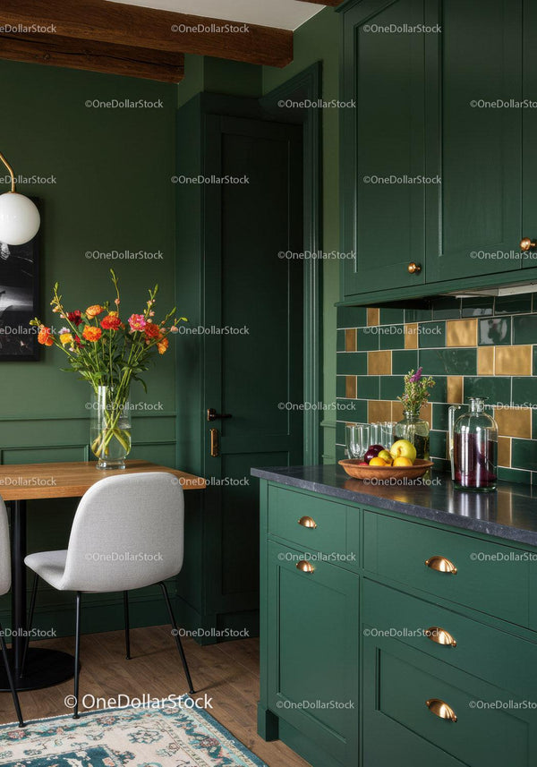 Green Kitchen with Floral Decor and Modern Design Elements