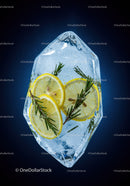 Fresh lemon slices and rosemary frozen in ice cube