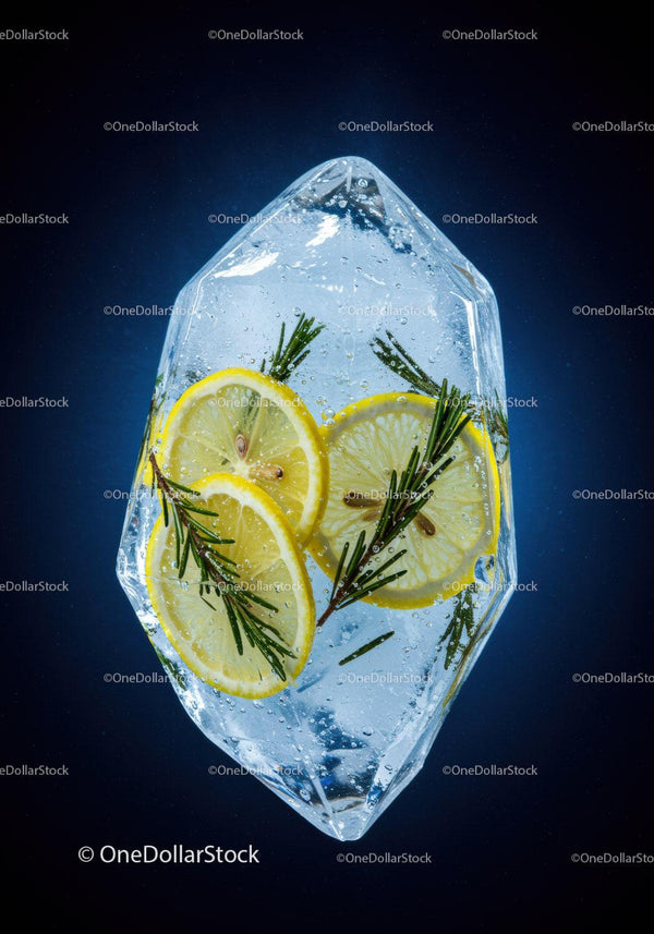 Fresh lemon slices and rosemary frozen in ice cube