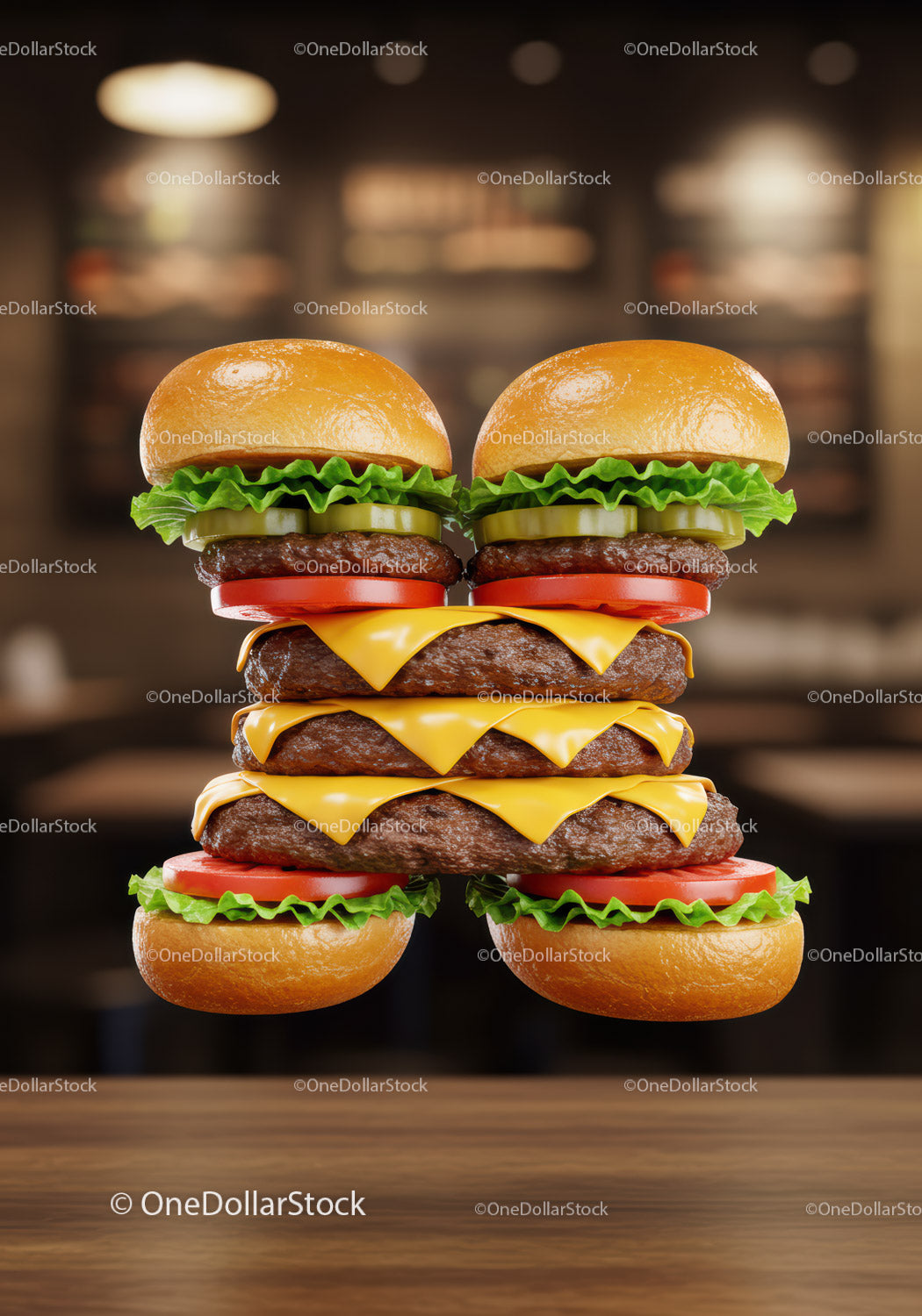 Creative double cheeseburger stacked with fresh ingredients