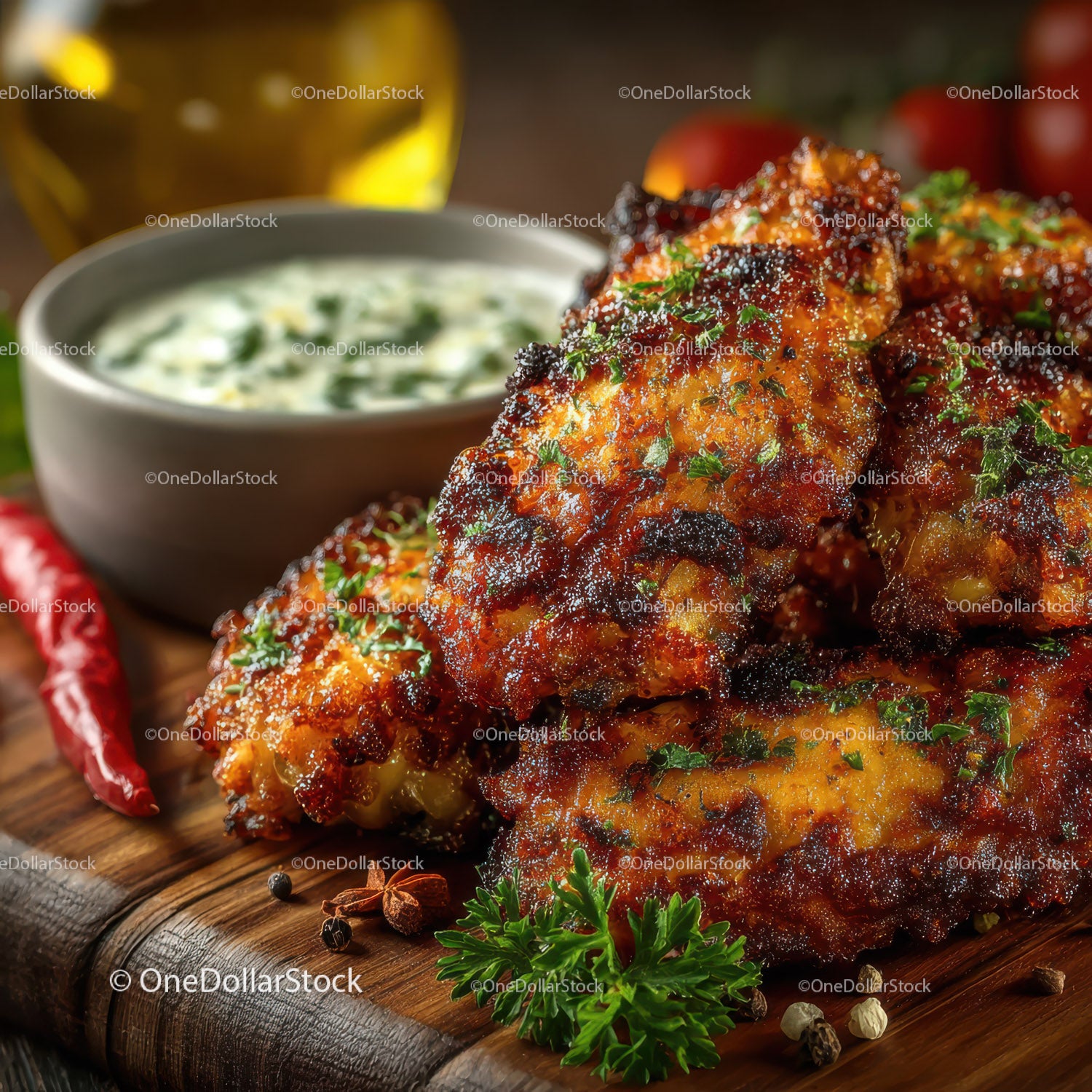 Juicy Spicy Glazed Chicken Wings with Fresh Herbs and Dipping Sauce