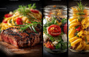 Freshly Cooked Steak with Vegetables and Pasta in a Rustic Setting