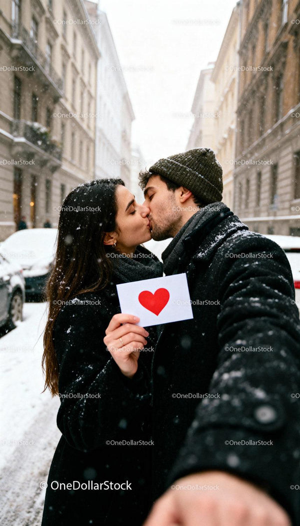 Couple Kissing Outdoors in Snowy City Holding Heart Card