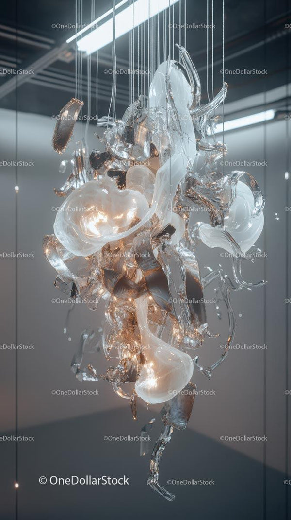 Abstract Hanging Glass Sculpture with Metallic Elements for Modern Interior Decor