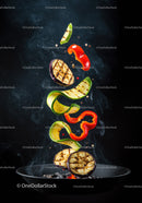 Grilled Vegetable Slices Rising from Hot Pan with Smoke