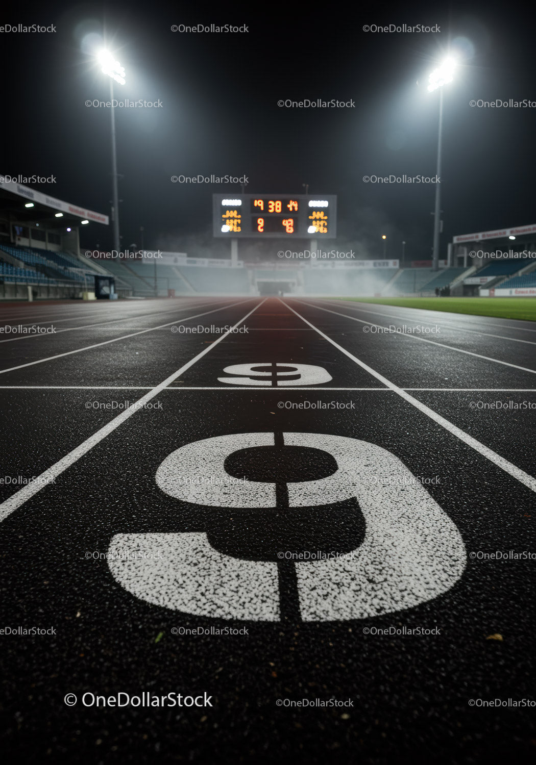 Empty Running Track Number Nine Under Stadium Lights