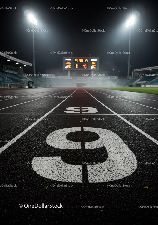 Empty Running Track Number Nine Under Stadium Lights