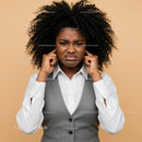 Frustrated Woman Covering Ears with Annoyed Expression