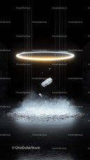 Futuristic Digital Scene with Glowing Ring and Floating Rocks