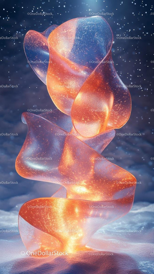 Illuminated Abstract Sculpture with Cosmic Colors Under Night Sky