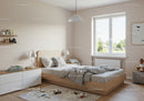 Bright Minimalist Bedroom with Wooden Bed and Playful Toys