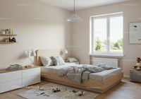 Bright Minimalist Bedroom with Wooden Bed and Playful Toys