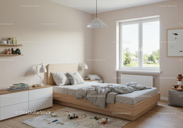 Bright Minimalist Bedroom with Wooden Bed and Playful Toys