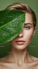 Close-up of Woman with Blue Eye Behind Water Droplet Covered Green Leaf