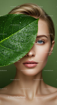 Close-up of Woman with Blue Eye Behind Water Droplet Covered Green Leaf