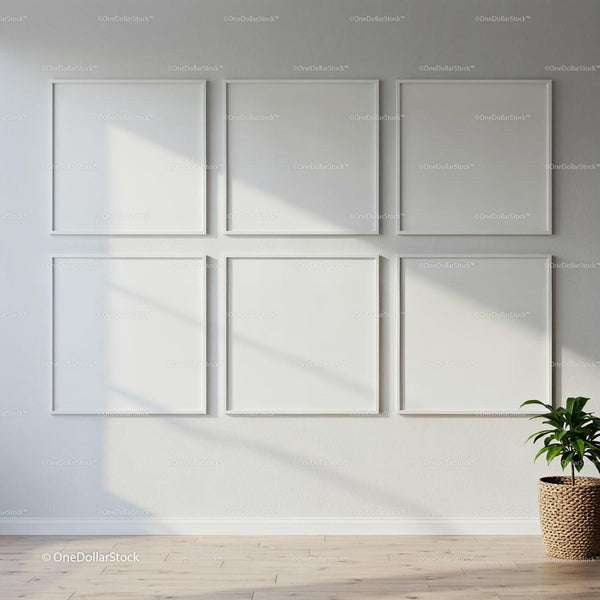 Minimalist interior with blank white frames and green plant JPG Mockup Image