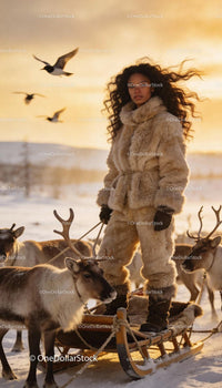 Woman in Fur Outfit Standing on Reindeer Pulled Sled