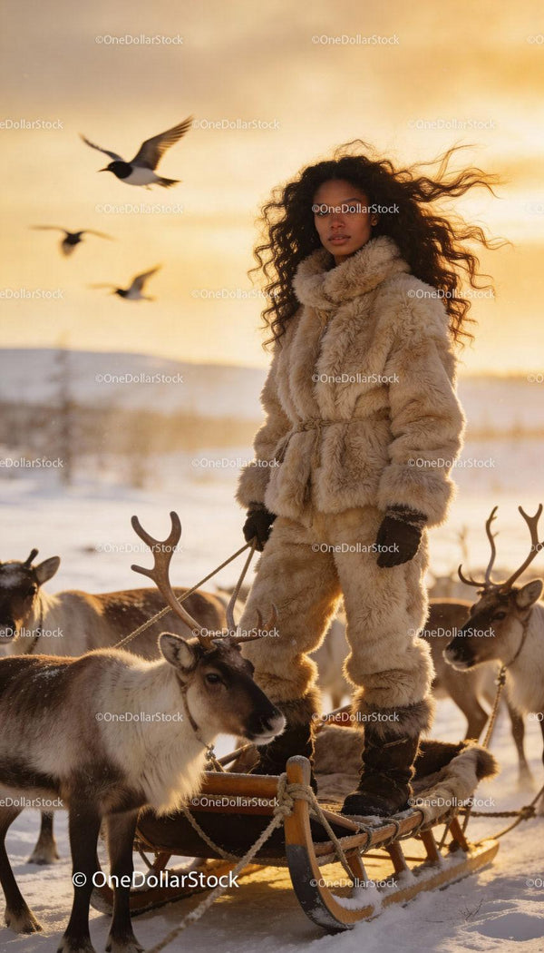 Woman in Fur Outfit Standing on Reindeer Pulled Sled