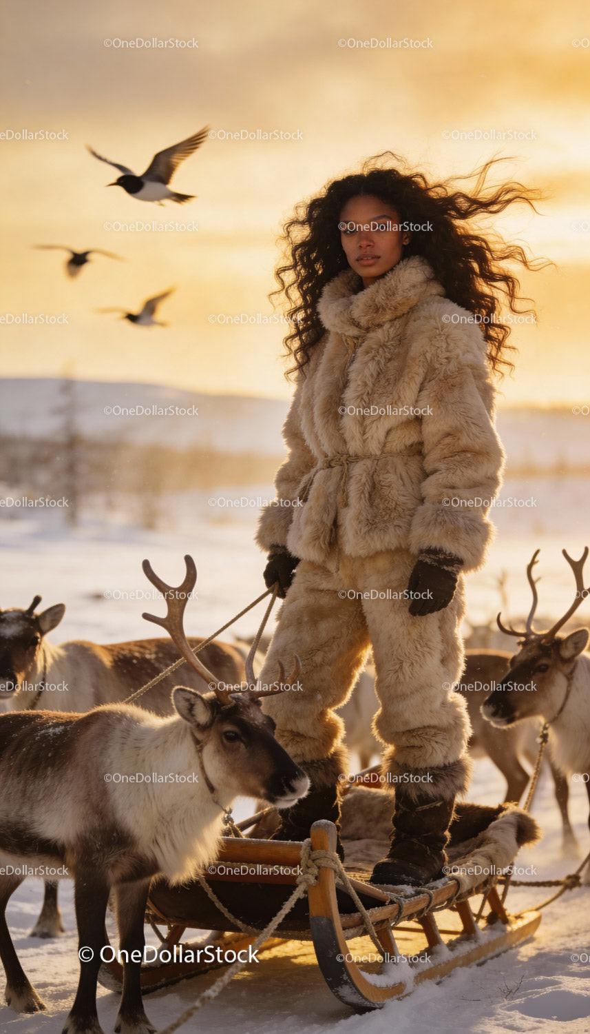 Woman in Fur Outfit Standing on Reindeer Pulled Sled