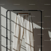 Elegant white trousers hanging on black rack