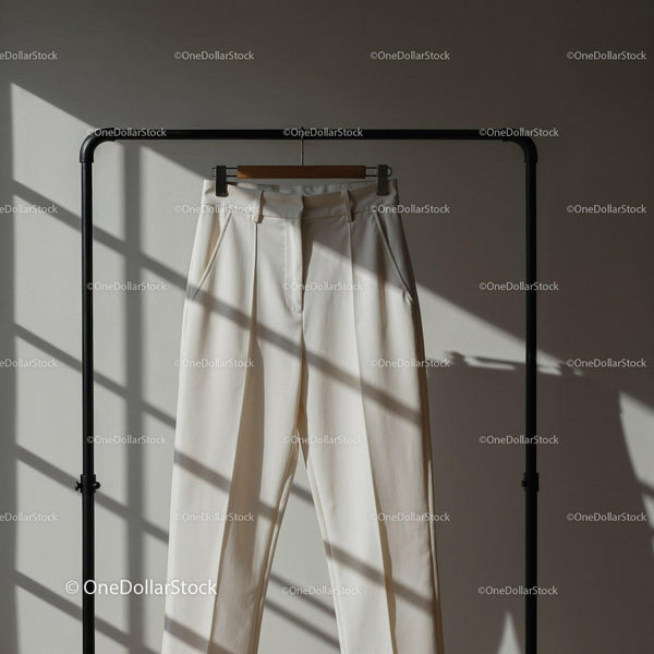 Elegant white trousers hanging on black rack JPG Mockup Image