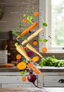 Fresh root vegetables splashing in kitchen air