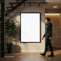 Modern interior with blank poster and blurred walking man