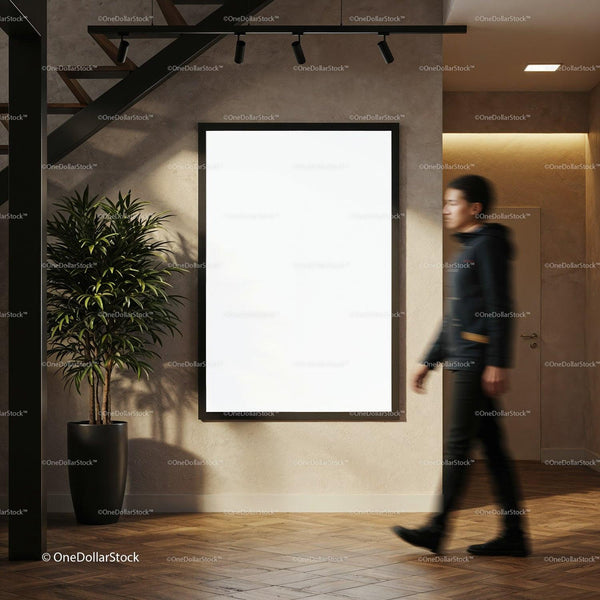 Modern interior with blank poster and blurred walking man JPG Mockup Image