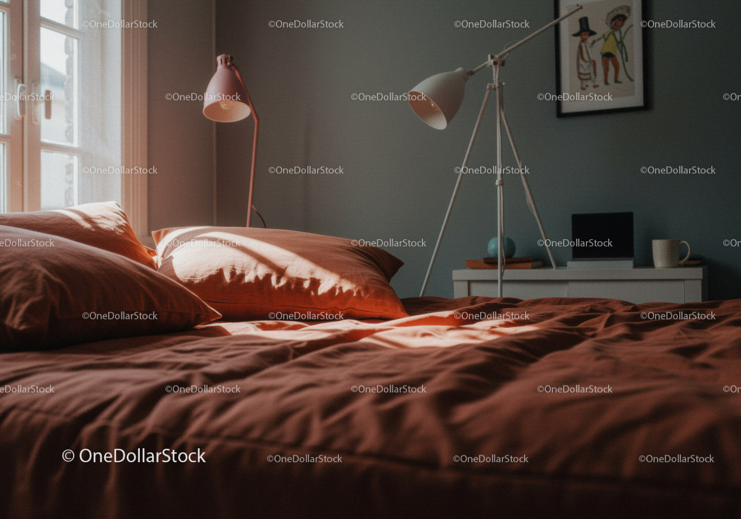 Cozy Bedroom with Soft Orange Bedding and Natural Sunlight