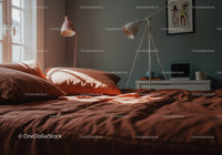 Cozy Bedroom with Soft Orange Bedding and Natural Sunlight