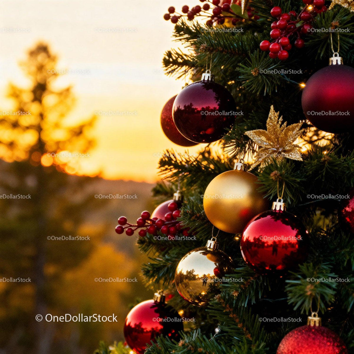 Christmas tree adorned with elegant red and gold baubles