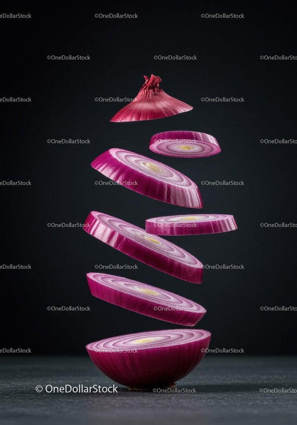 Floating Sliced Red Onion with Dark Background