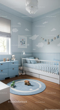 Cute Blue Baby Nursery Room with Cloud Wall Decals and Plush Toys