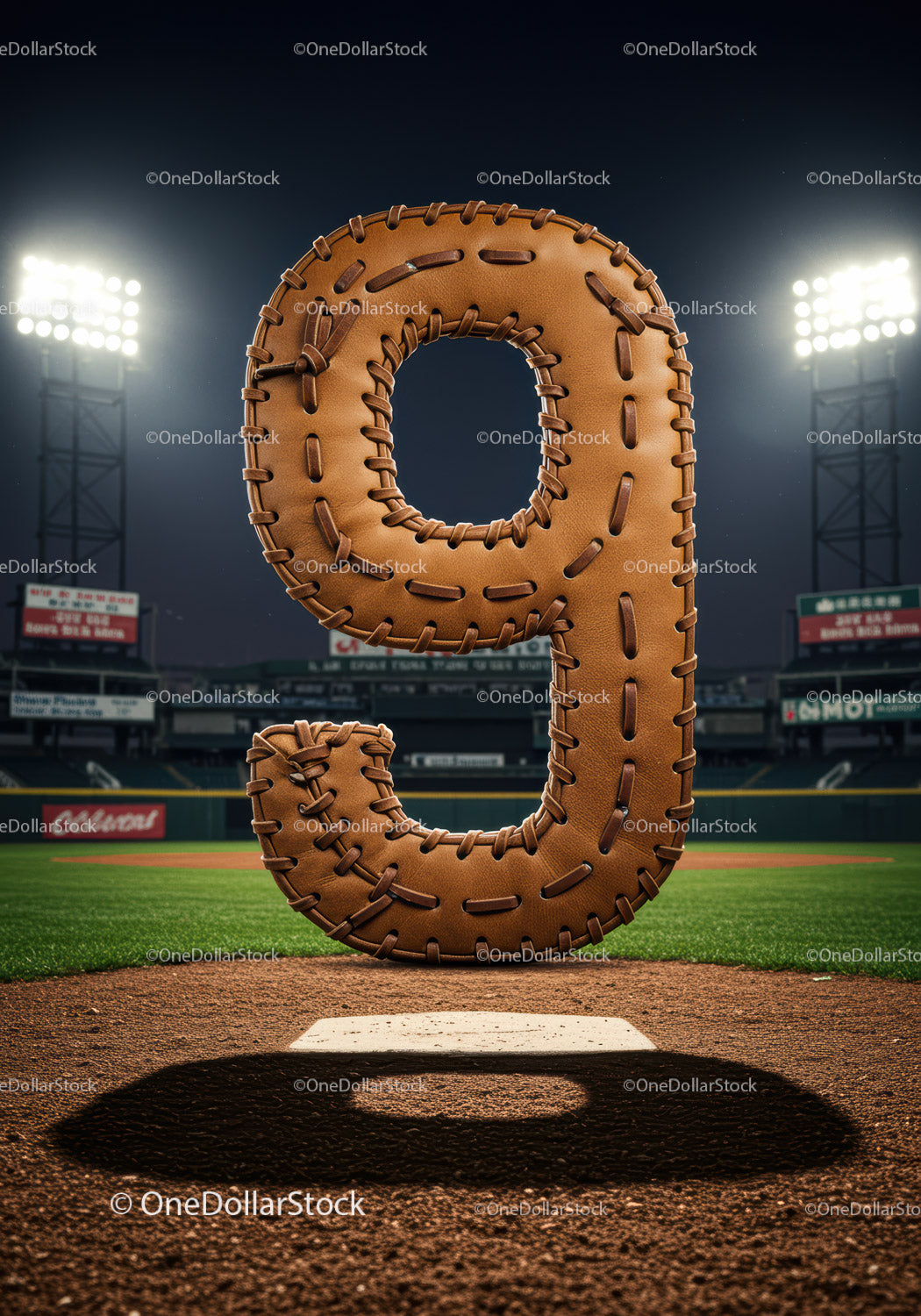 Leather Baseball Glove Shaped Number Nine on Field