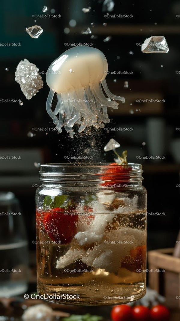 Floating Jellyfish with Tentacles and Water Splash in Ocean