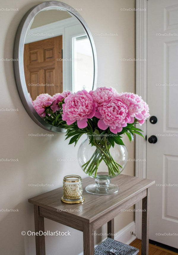 Pink Peony Bouquet in Glass Vase on Wooden Table in Cozy Home