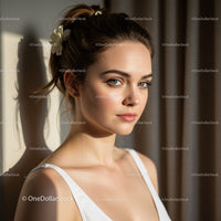 Young Woman with Clear Skin and Blue Eyes in Warm Indoor Light