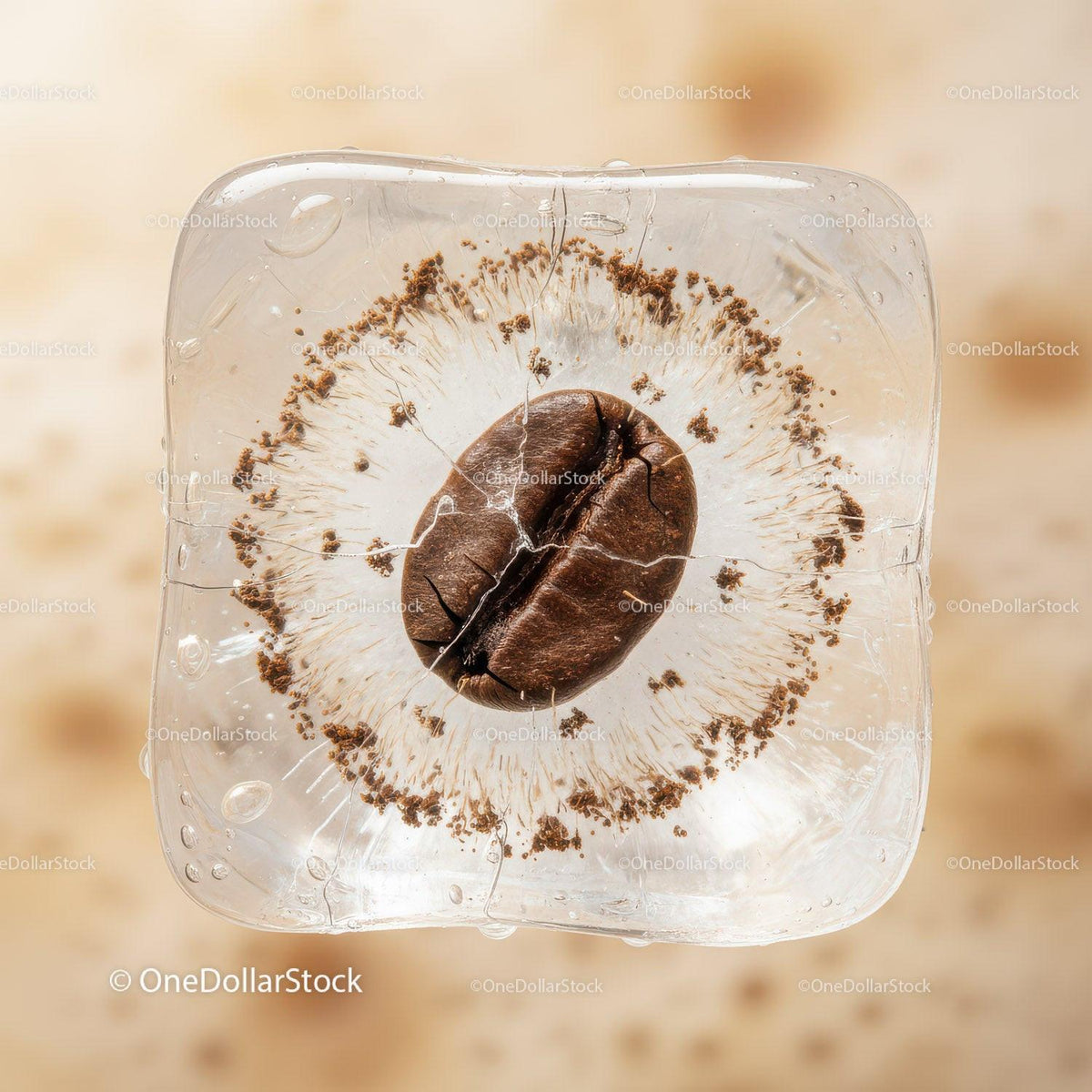 Close-up of coffee bean frozen inside a clear ice cube