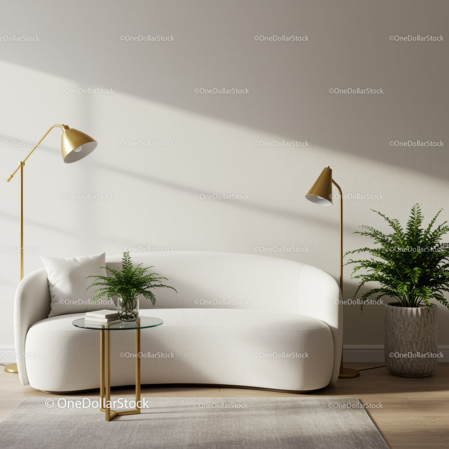 Minimalist living room with white sofa and gold lamps