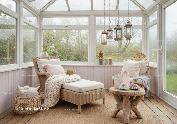 Cozy sunroom with wicker furniture and soft decor