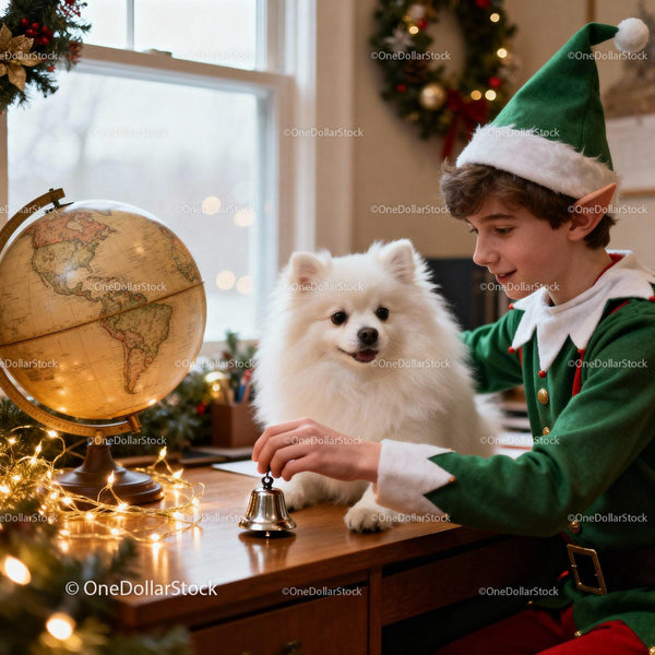 Boy in Elf Costume Playing with Fluffy White Dog Indoors