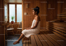 Young Woman Relaxing in Wooden Sauna Room with Terry Towel