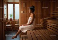 Young Woman Relaxing in Wooden Sauna Room with Terry Towel